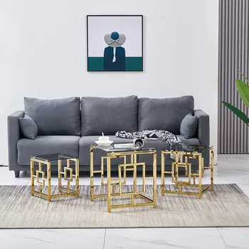 AINPECCA Three-Piece Coffee Table Set, Modern Nordic Style Sofa Side Table, Tempered Glass with Stainless Steel Legs, Stackable