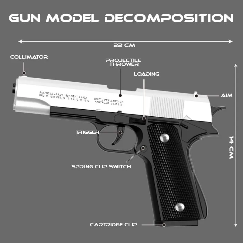 Czarny automatyczny ogier 1911 automatyczny pistolet zabawka na miękkie naboje powłoki wiatrówka CS zabawki dla chłopca broni strzeleckiej (ciągłe strzelanie)