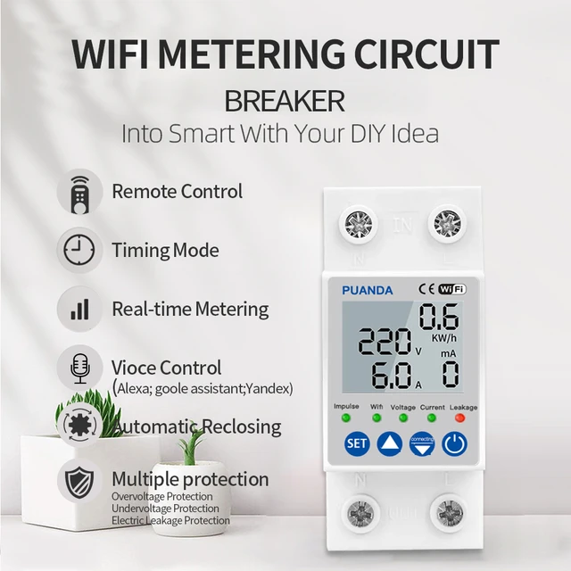 JANDEI - Interruptor Automático Magnetotermico wifi, 63A 4P Tuya Smart App,  medidor corriente voltaje, circuit breaker, disyuntor inteligente wifi