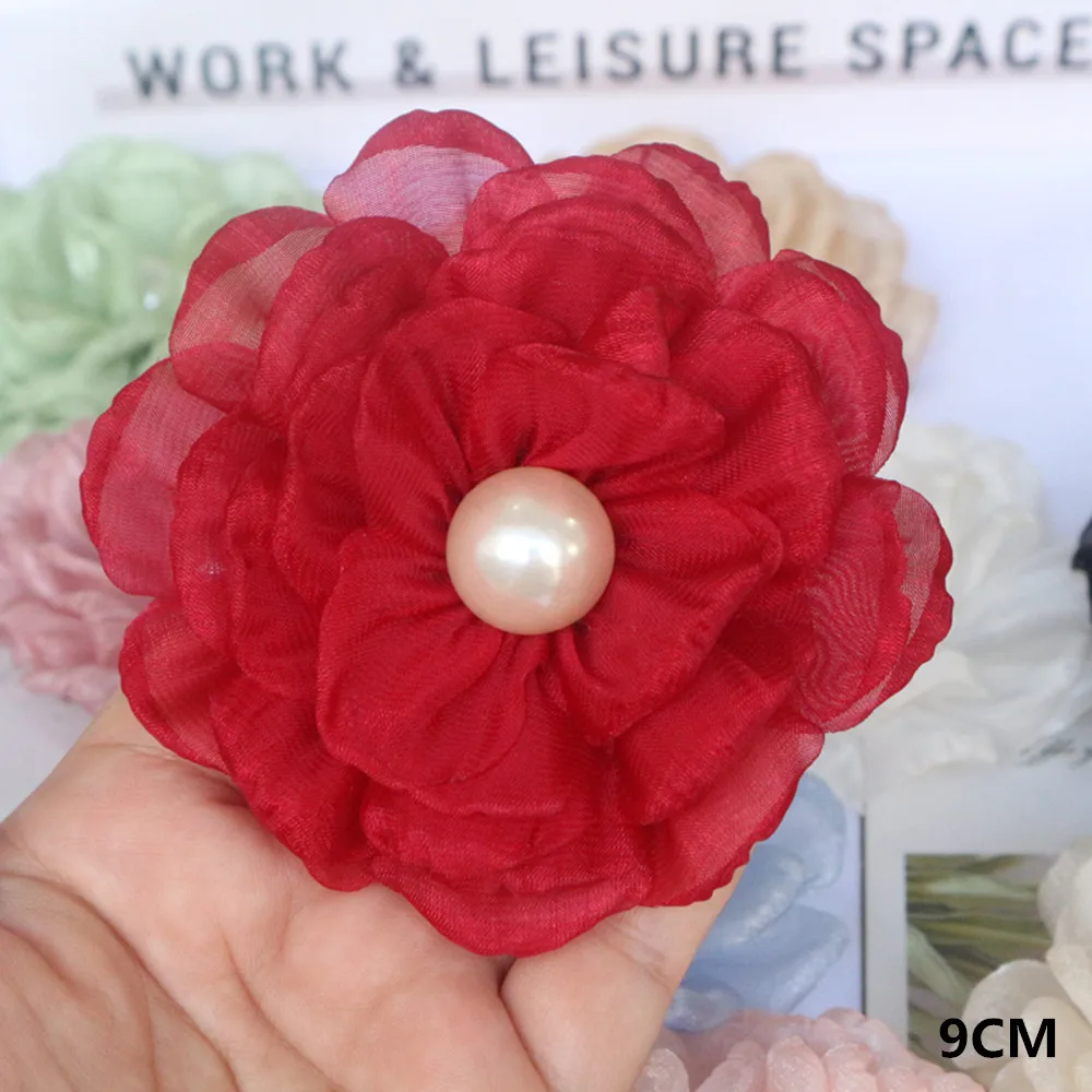 Elegant Red Chiffon Rose Camellia Flowers - Set of 10 for Weddings and Dress Embellishments