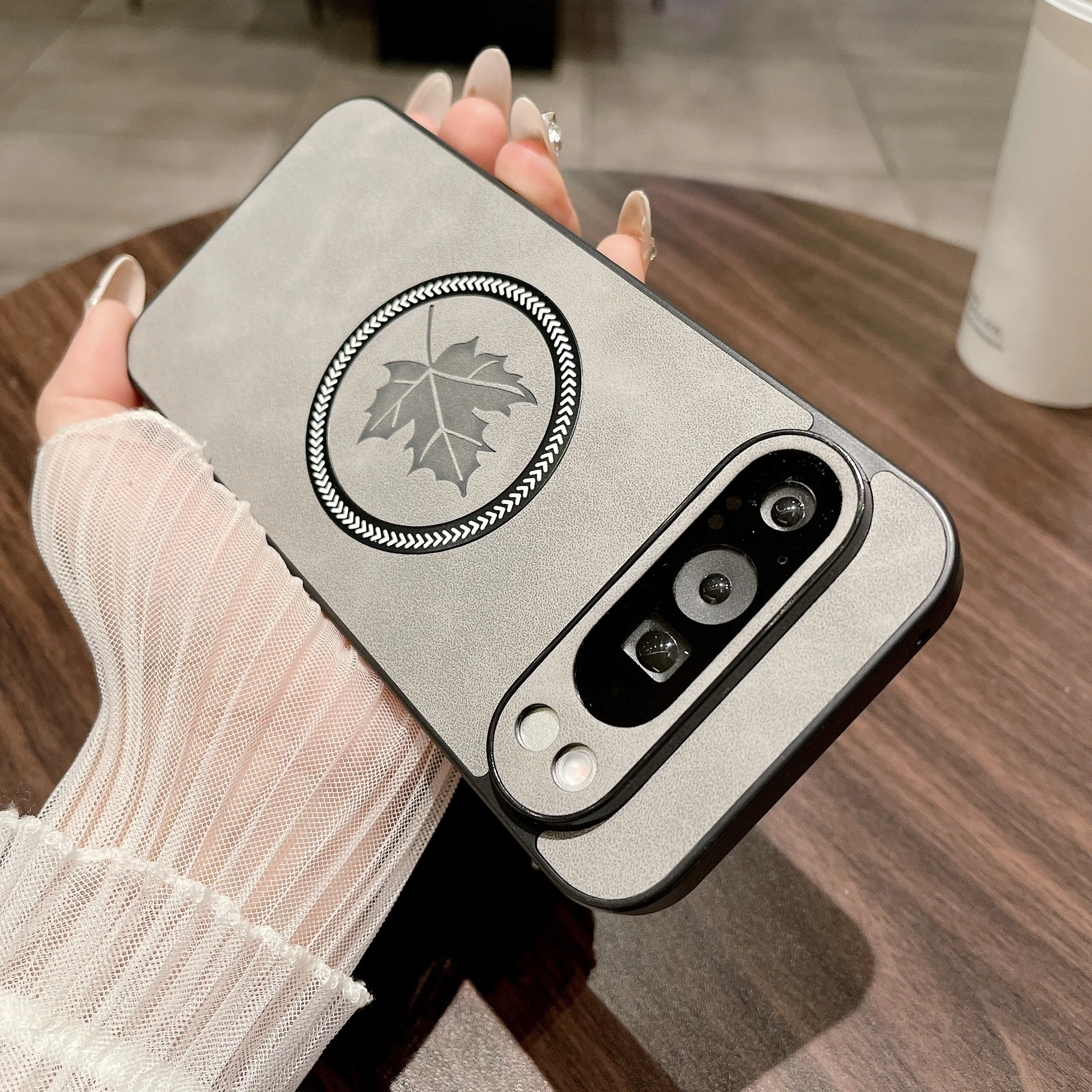 Luxury Leather Maple Leaf Phone Case with Magnetic Wireless Charging Capability