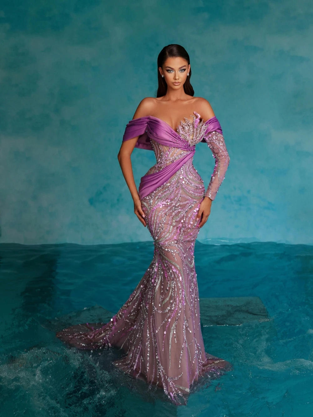 Graceful Off The Shoulder Cocktail Dresses Sparkly Sequins Beads Evening Dress Purple Mermaid Long Prom Gown Robe De Mariée