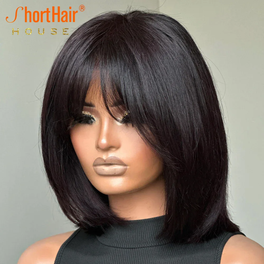 Short Face-Framing Layered Cut Straight Bob 250 Density 13x4 Lace Front Human Hair Wigs With Bangs 4x4 Closure Wig Brazilian Human Hair Wig Lace Front Wigs