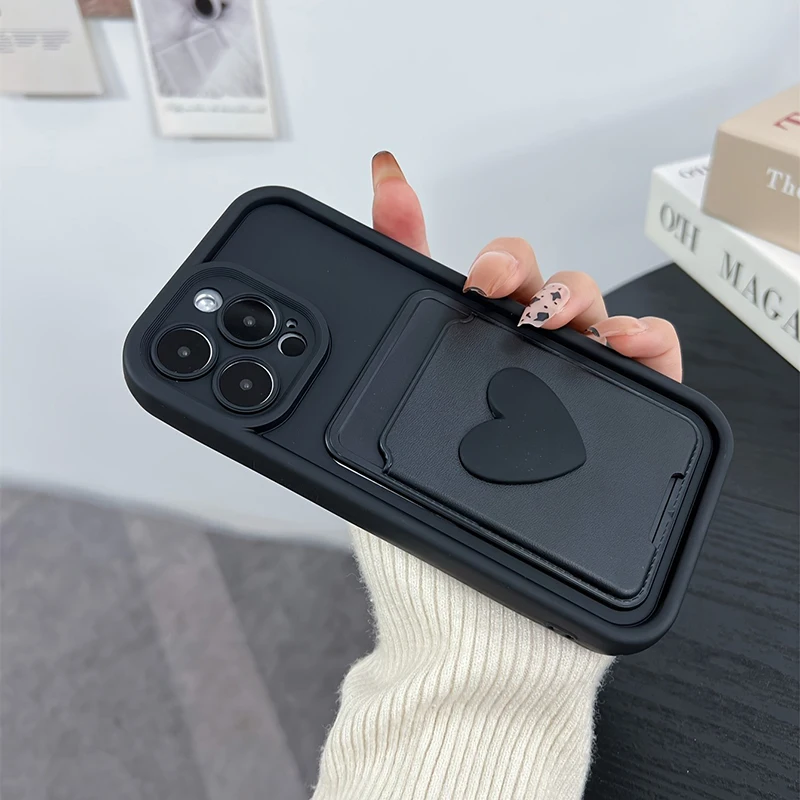 3D Love Heart Silicone Card Holder Phone Case - Shockproof Pocket Cover