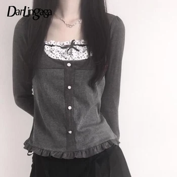 Darlingaga 여성용 프릴 패치 용수철 티셔츠, 한국 패션, 슬림 활, 큐티코어 탑 버튼, 프레피 스타일, 일본 Y2K 티, 신상