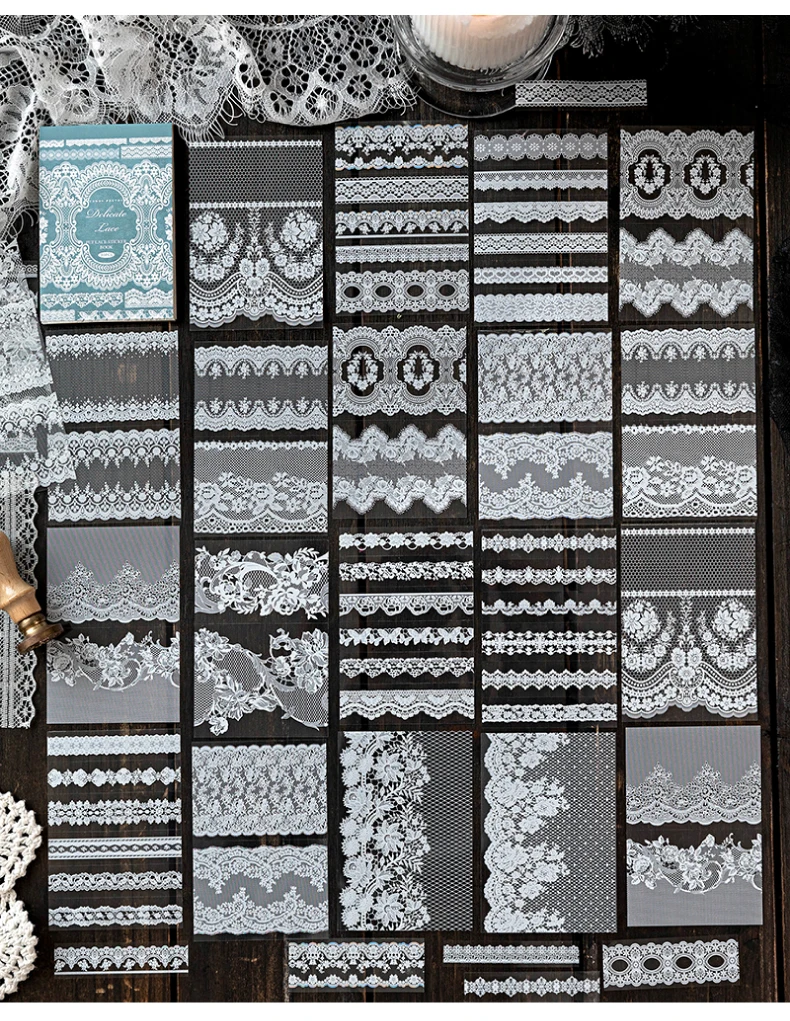 30Sheets/Bag Lace Theme PET Stickers for DIY Scrapbooking Collage Art Frame Laptop Phone Cup Luggage Guitar Skateboard Decal