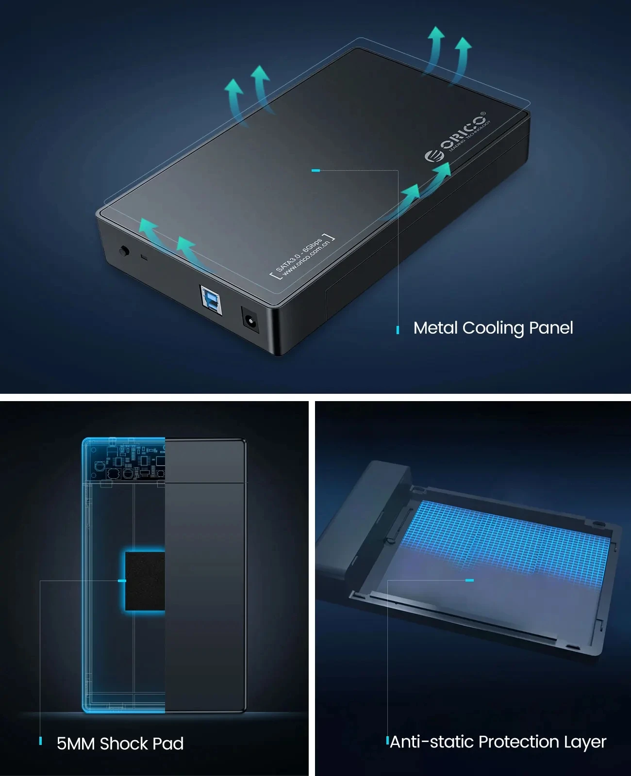 ORICO 2.5/3.5인치 외장 하드 드라이브 인클로저 SATA to USB 3.0 Type-C HDD 케이스(12V/2A 전원 어댑터 포함) UASP 도구 지원 무료