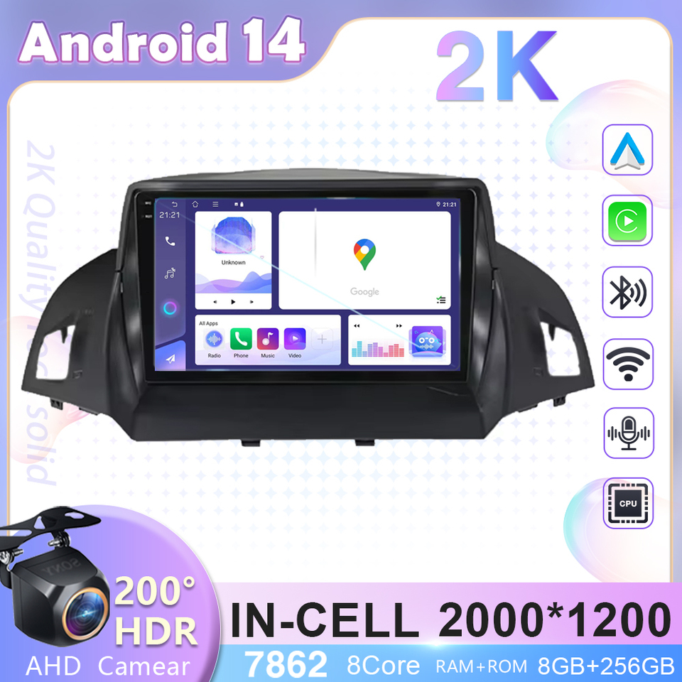 Android 14 For Ford C-MAX Kuga 2 Escape 3 2012--2019 Android Auto Radio Multimedia Player GPS Navigation Carplay Head Unit QLED