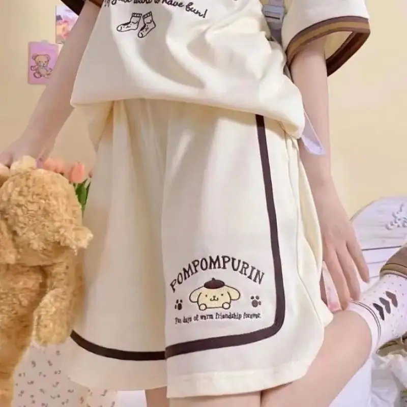 

Повседневные милые шорты Kawaii с аниме Sanrio Pompompurin, милые Мультяшные персонажи, студенческие свободные спортивные брюки, одежда для девочек
