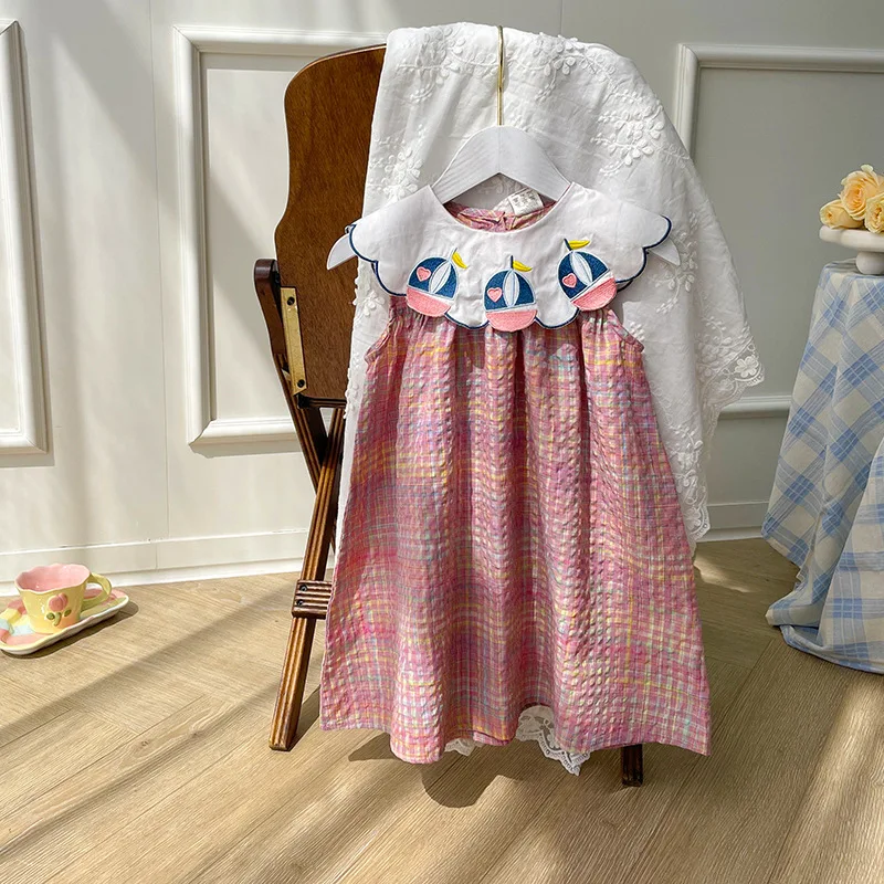 

Rainbow Plaid Sailing Navy Style Girl Dress2024Summer New Preppy Style Sweet Sleeveless Baby Skirt-MR