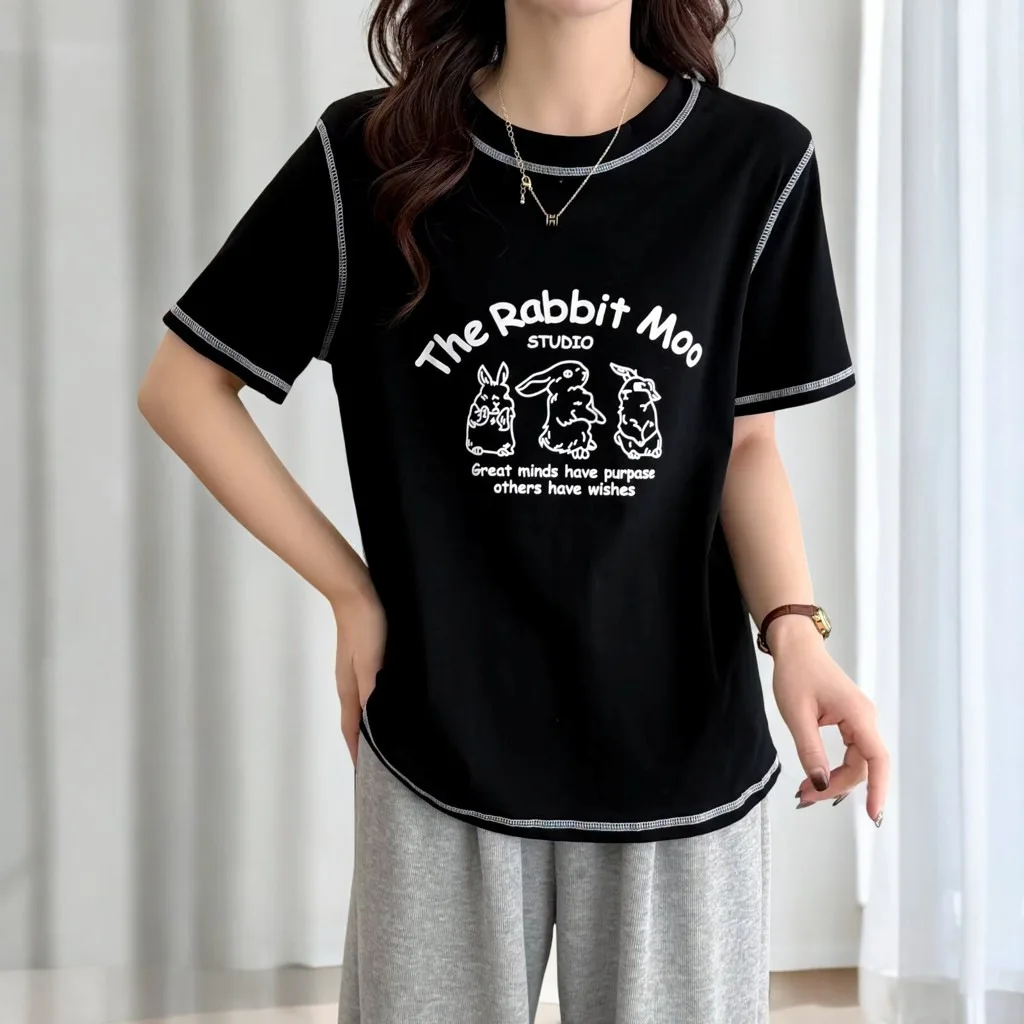 Summer New 100kg Plus Size Top Temperament Casual Bright Line Printed Cartoon Tees short-sleeved Women's T-shirt 2502