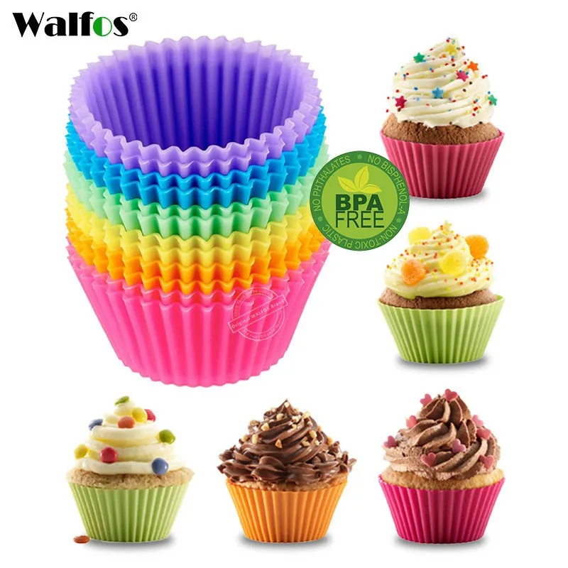WALFOS Food Grade Silicone Mold Heart / Round Shape 6 Pcs Cake Mold Cupcake Liner Muffin Cases Baking Mold Cake Decorating Tools