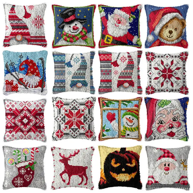Christmas Santa Elk Latch Hook Kits Smyrna Pillowcase Knot Pillow Package Latch Hook Kit Set For Needlework Embroidery Cushion