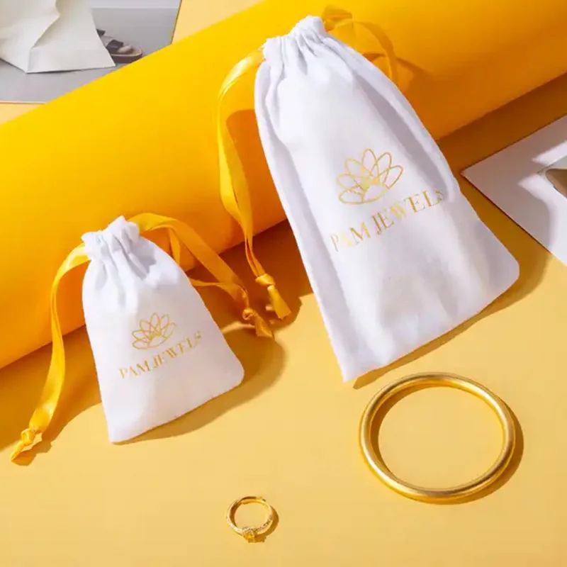 

White Cotton Ribbon Gift Bags 5x7cm to 15x20cm pack of 50 Custom Logo Muslin Sack Jewelry Drawstring Pouches