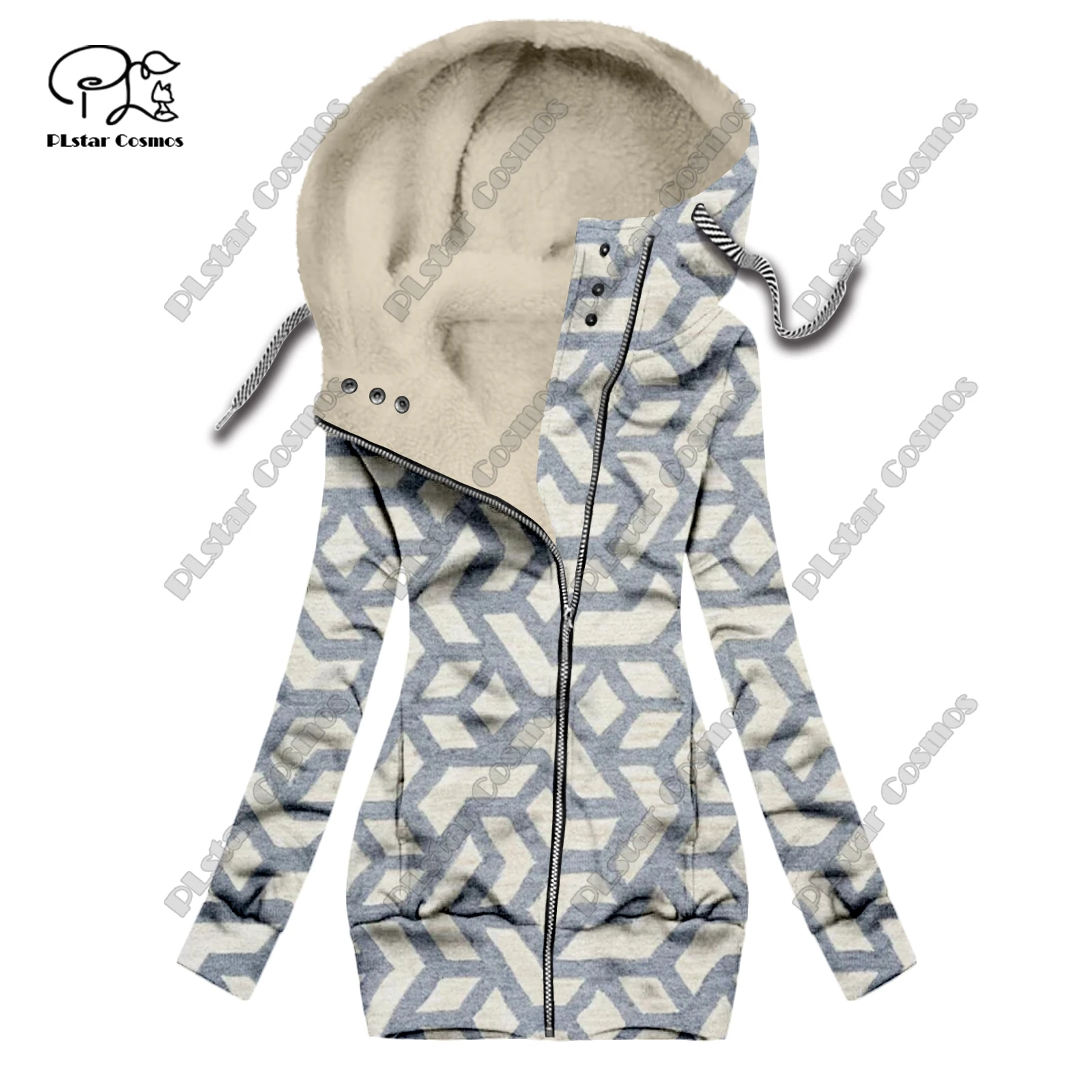 New 3D printing retro series carpet print pattern plus velvet warm women's long zipper hoodie jacket commuting casual winter F-7