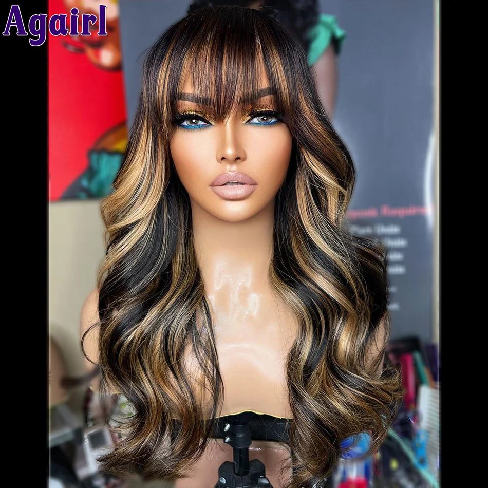 

200% Highlight Blonde Glueless Pre Plucked Body Wave Human Wigs With Bangs Ready To Go 13X6 13X4 Lace Frontal Wig Bleached Knots