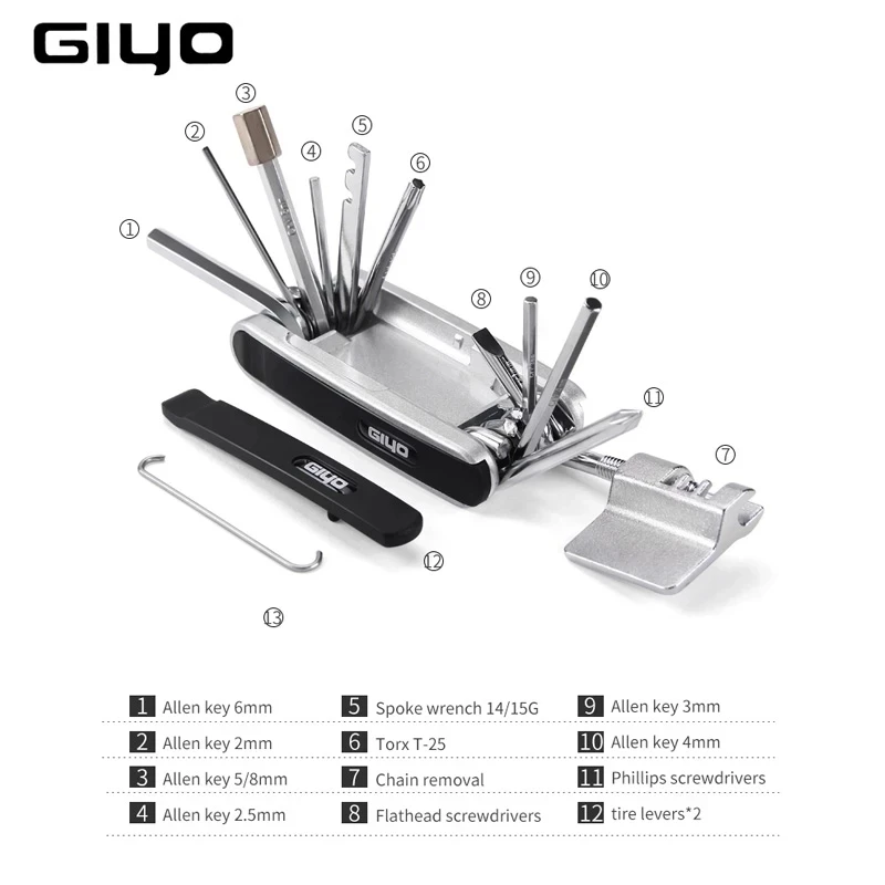 Giyo 12-in-1-Fahrrad-Reparatur-Werkzeug-Set, tragbar, MTB, Fahrrad, Mini, Radfahren, Multitool, Sechskant-Speichenschraubendreher, Reifenheber, Inbusschlüssel
