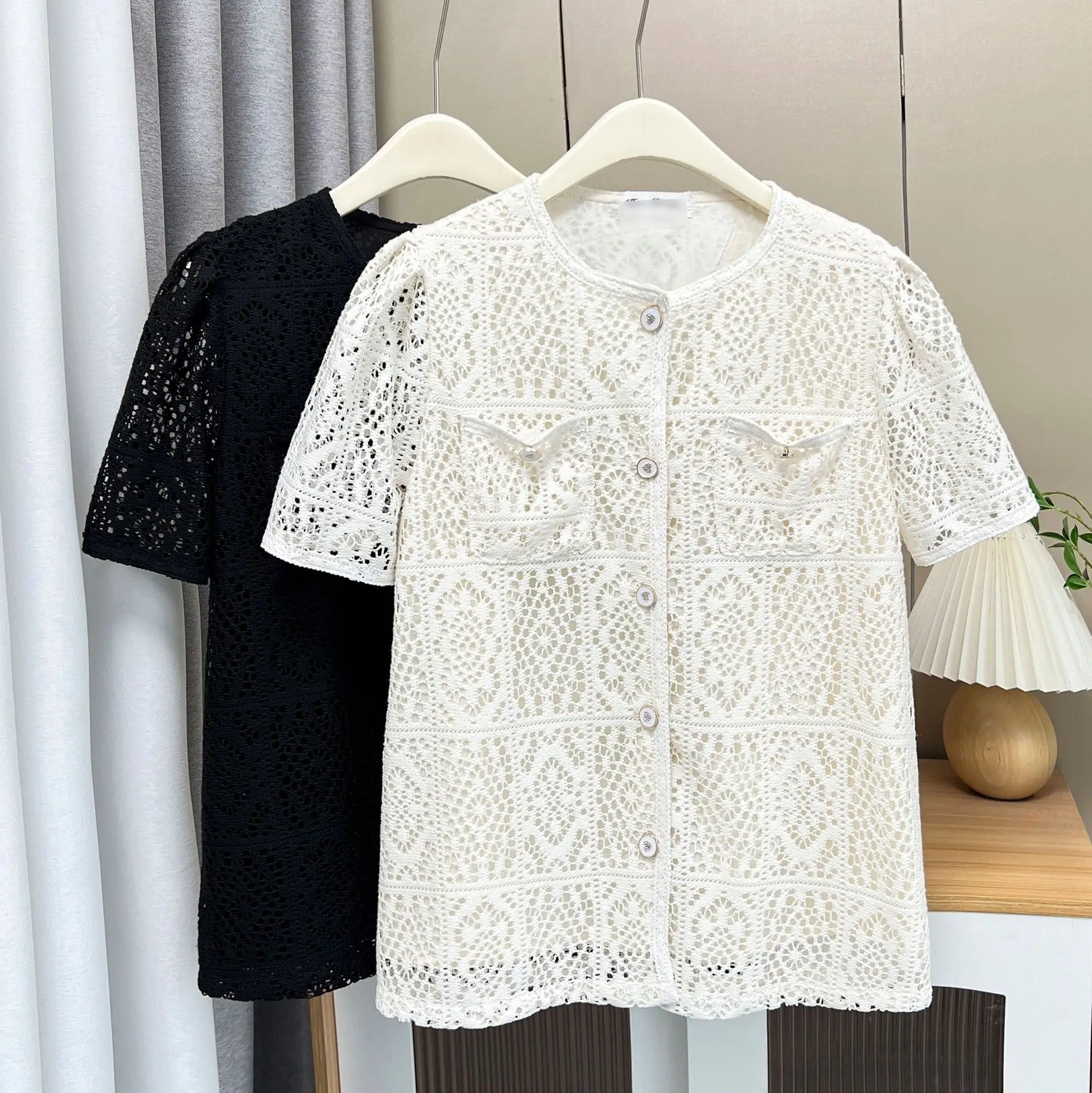 2025 Plus Size Blouses Summer New Chic Double Lace Hollow Out Short Sleeved Shirt 100kg Women Top 3062