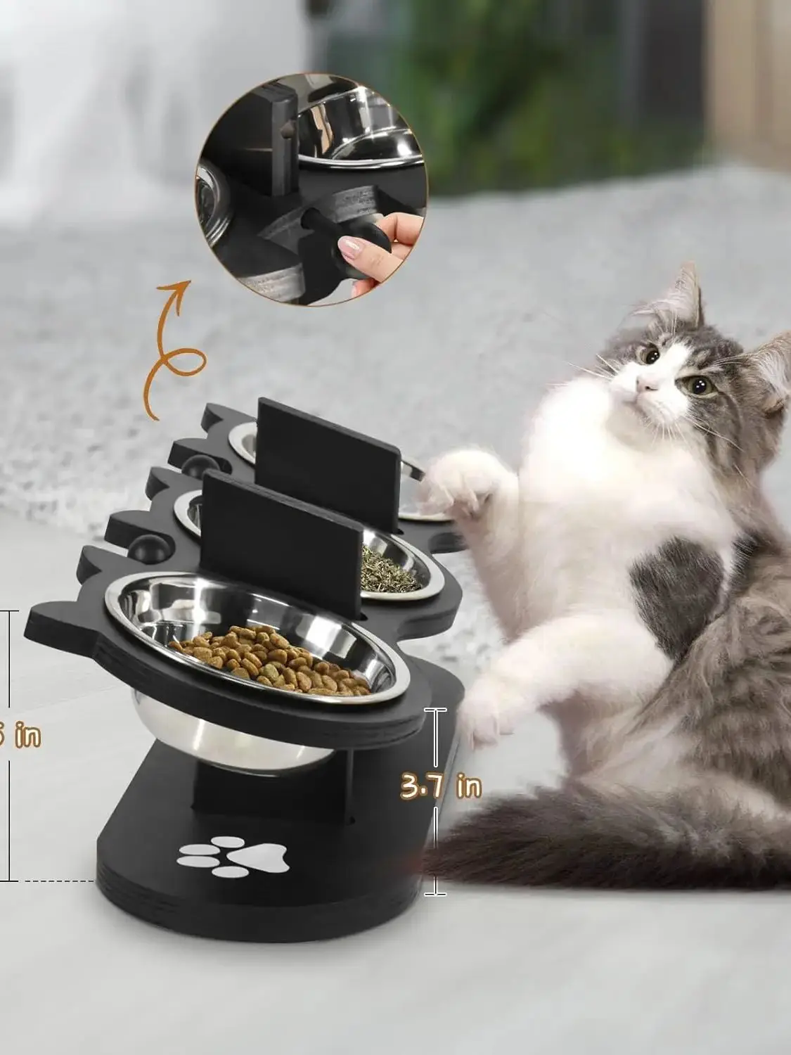 Erhöhte Katzennäpfe, 15 cm ° Neigbare Futternäpfe für Katzen, Welpen und kleine Hunde, mit 3 Edelstahlnäpfen – Detail 3