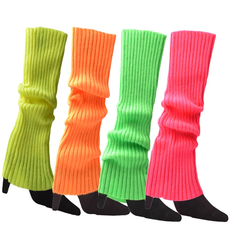 Leg Warmers Women Halloween 80s Neon Colored Knit Ribbed Bright Footless Socks Punk Black Knee High Gothic Hip-hop Rock