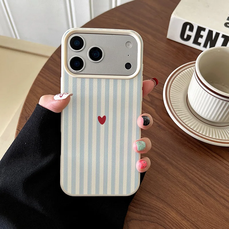 Blue Striped Red Heart Minimalist Pattern Phone Case