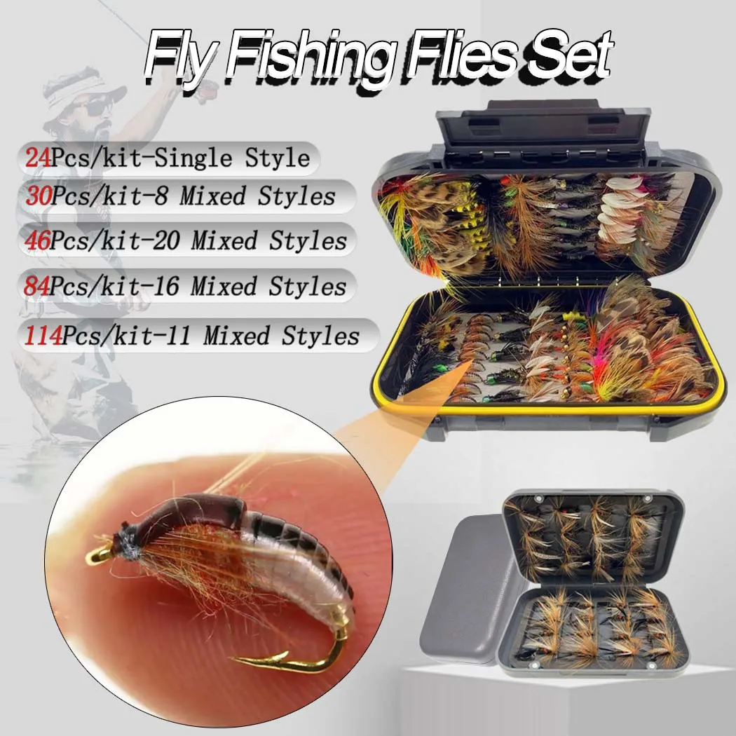 24-117Pcs Dry/Wet Fly Fishing Lures Fly Fishing Gear For Bass