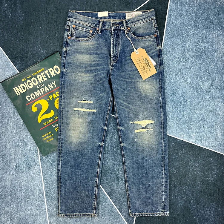 100% Cotton High Quality Patch Washed Denim Jeans for Men Heavyweight Y2K Autumn Winter Dense Tough Loose Tapered Straight Pants 2