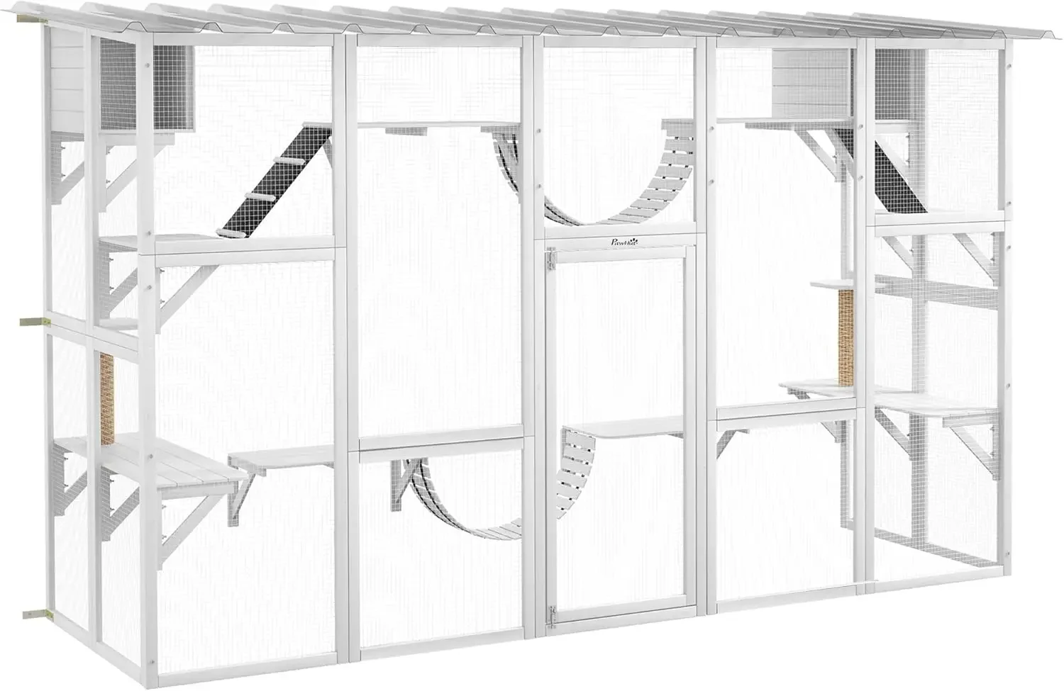 House with Weather Protection Roof for Multiple Kitties, Wooden Frame, Shelves & Bridges, 118" x 37.5" x 74", Yellow