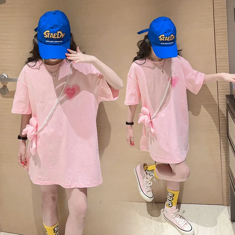 

Girls' Love Bag Printed T-shirt Skirt Cute Summer Fashion 2023 Summer New Girls' T-shirt Kids Cartoon Clothes Children