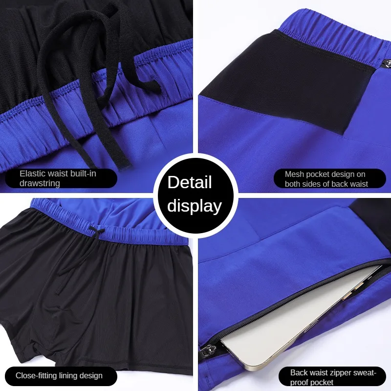 Quick Drying Fitness Gym Double-deck Running Shorts Men Workout Basketball Training Bodybuilding Jogging Short Pants with Pocket