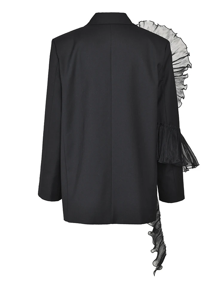 [EAM] Women Black Organza Ruffles Big Size Blazer New Lapel