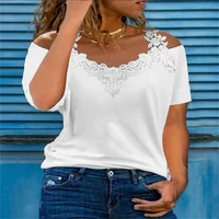 Chemise en dentelle à manches courtes pour femmes, t-shirt décontracté à col en V pour dames, évider les épaules, fronde, pull élégant, haut d'été sexy 5