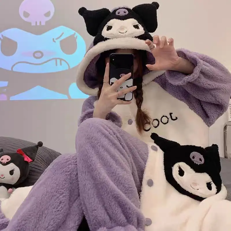 

NEW Sanrio Melody Kuromi Pajamas Y2k Plush Clothes 2 Piece Women Soft Flannel Pants Kawaii Home Black Coral Fleece Sleepwear