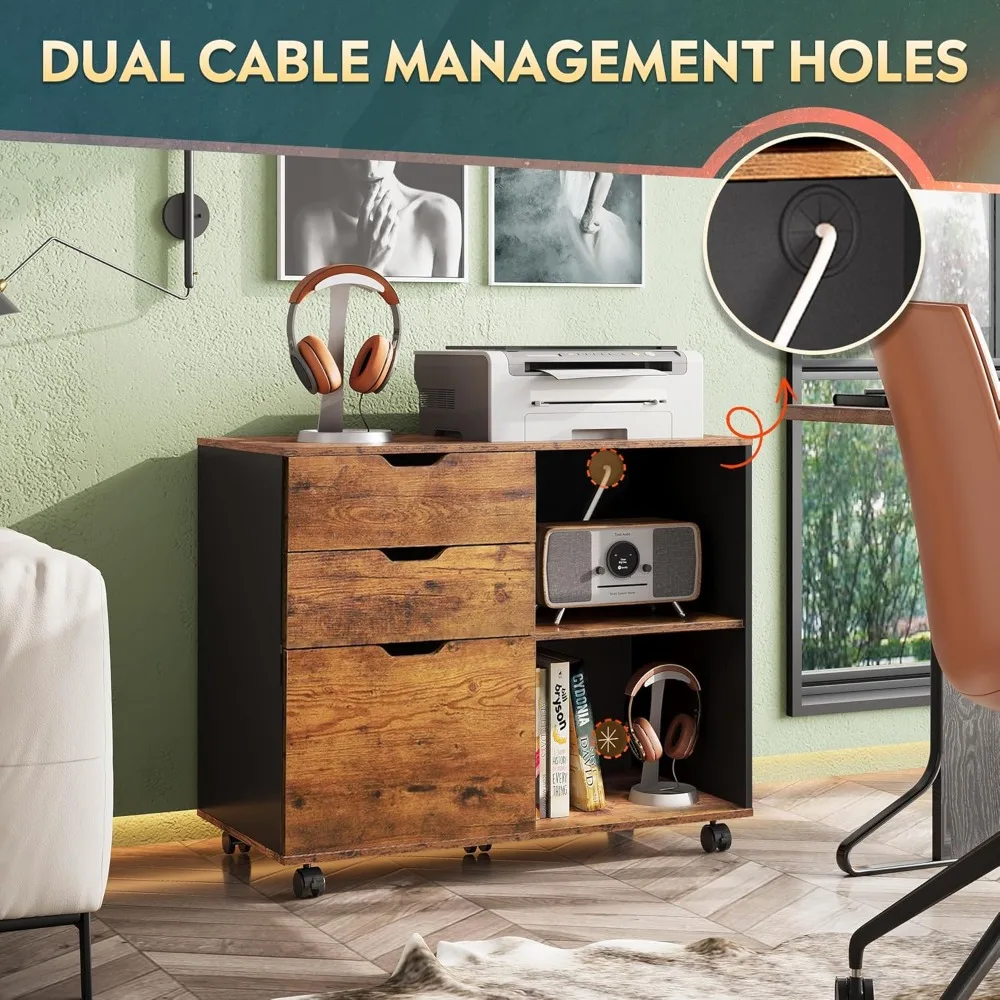 3-drawer wood file cabinet, mobile lateral filing cabinet, printer stand with open storage shelves for home office, rustic brow