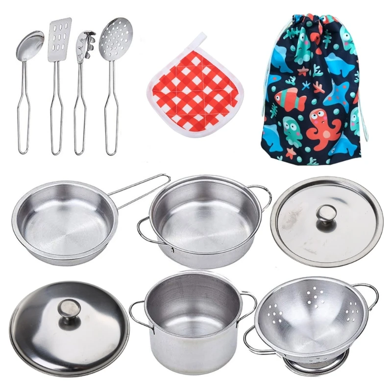 

Girls Educational Stainless Steel Cooking Utensils Apron Pot Pretend Playset