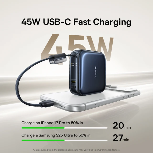 Banque d'alimentation mini Baseus 45W 10000mAh avec câble USB-C intégré, format de poche, charge rapide, portable pour iPhone 17 Samsung S25 3 Banque d'alimentation mini Baseus 45W 10000mAh avec câble USB-C intégré, format de poche, charge rapide, portable pour iPhone 17 Samsung S25 3