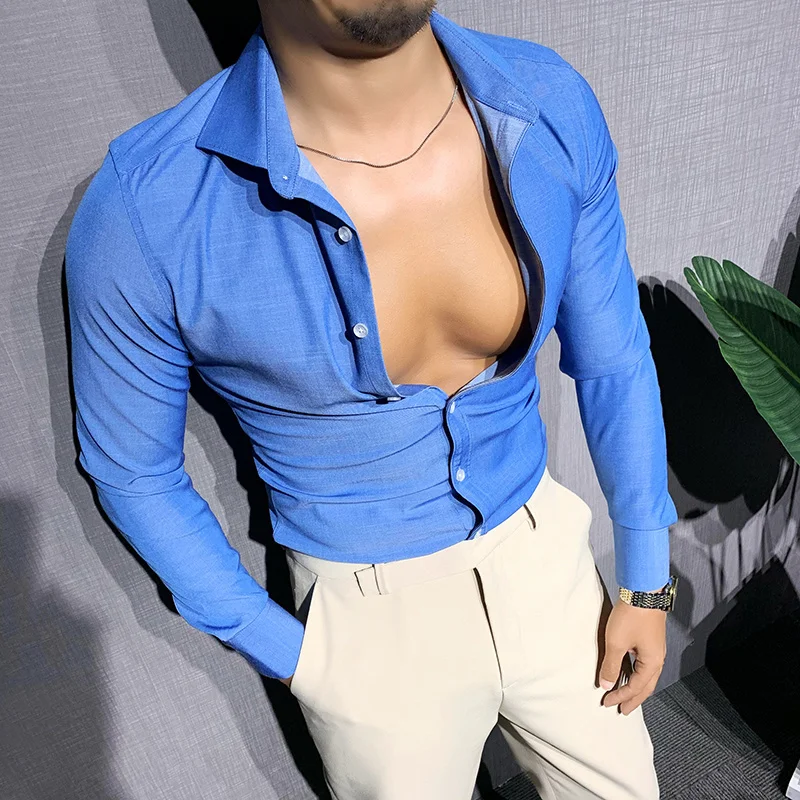 

Женская джинсовая голубая рубашка, тонкая профессиональная деловая рубашка, модная рубашка под смокинг для свадьбы, мужская рубашка