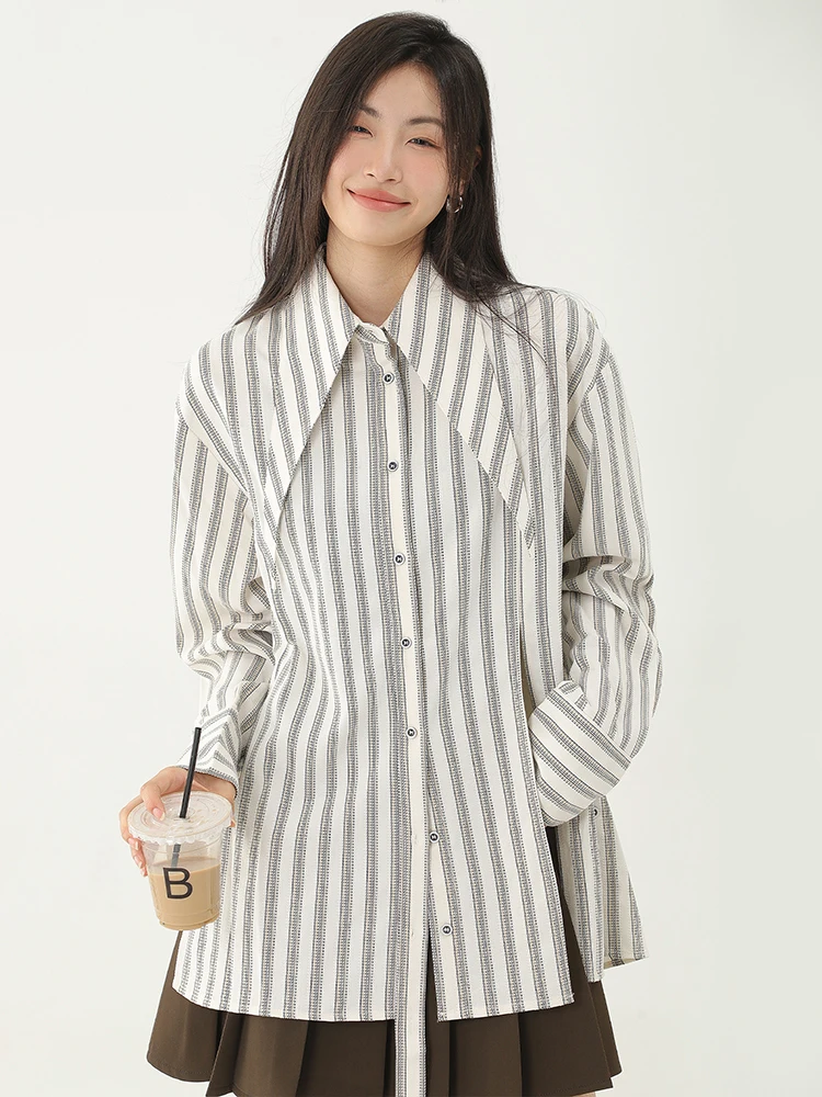 

Рубашка Женская Асимметричная в полоску, модный винтажный Топ с длинным рукавом и разрезом, свободная уличная одежда, Офисная повседневная одежда, весна