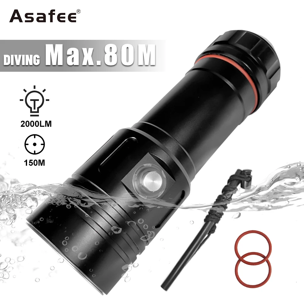 

Asafee AF05D Flashlight L2/XHP50/70 LED Diving Flashlight 2000LM Rechargeable flashlight IPX8 Waterproof Torch Diving Lantern