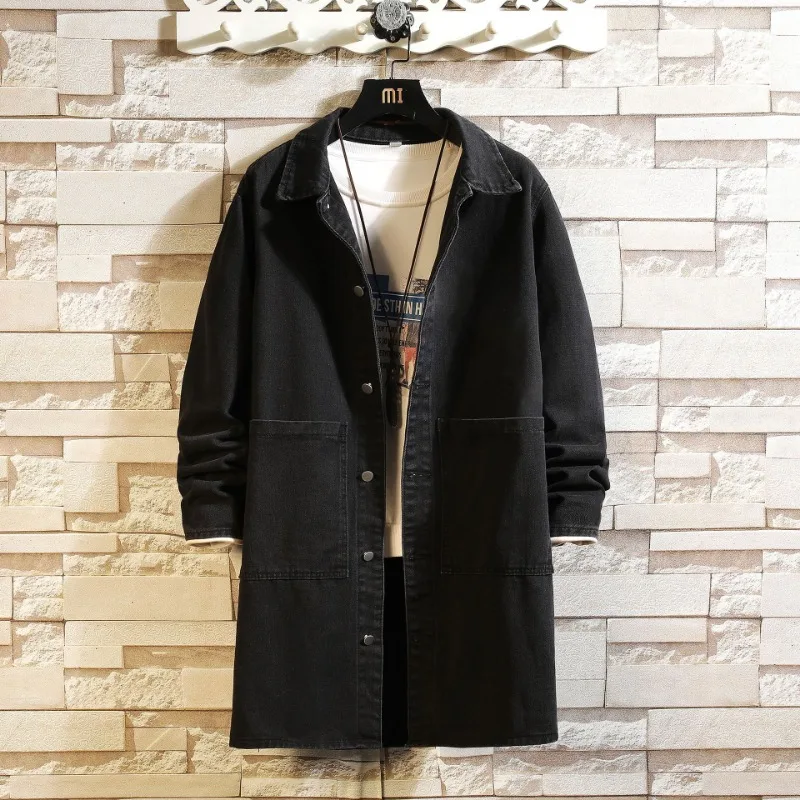 Men's Denim Trench Coat Mid-length Autumn-winter Retro Casual Loose Fleece Large Size Lapel Coat