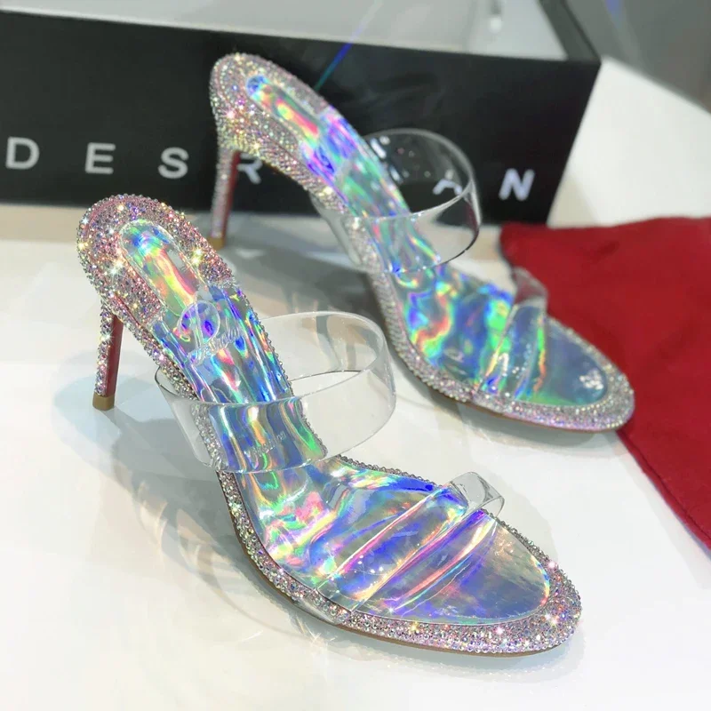 

New Water Diamond High Heel Sandals Women's Fine Heel Fairy Style Transparent One line with Cooling Slippers Crystal Shoes
