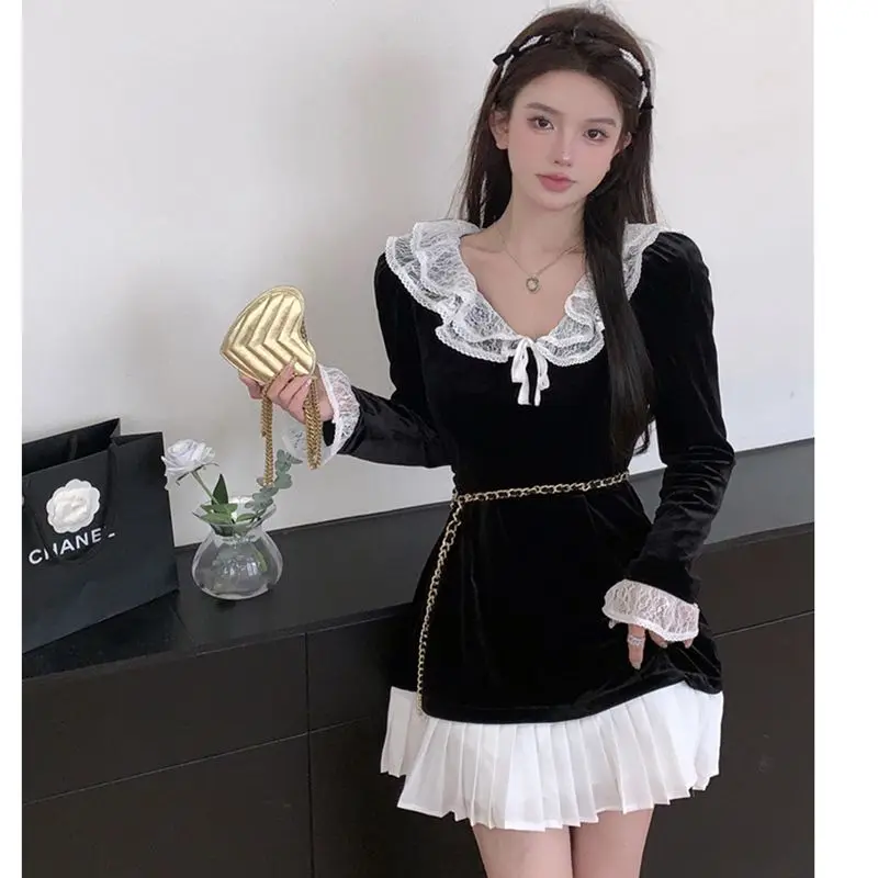 

2023 Women's Dress Autumn and Winter New Vintage Long Sleeve Doll Neck Lace Black Temperament Free Shipping