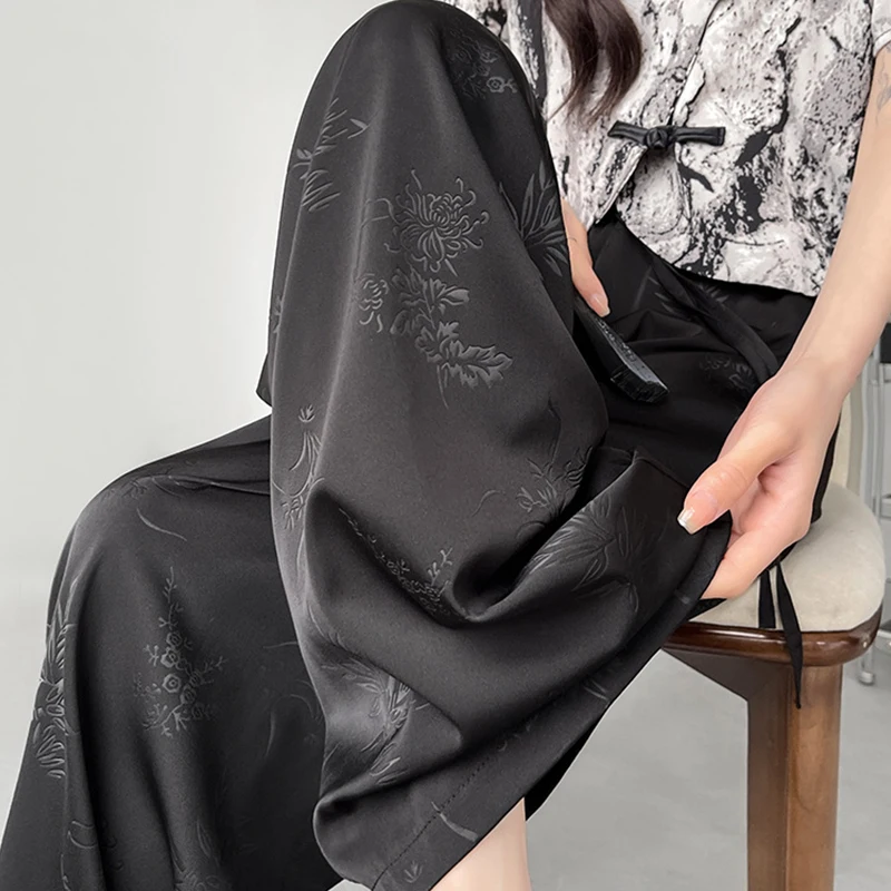 Women Elegant Summer Satin Chinese Style Straight Pants Streetwear Vintage Wide Leg Pants Casual Loose High Waist Trousers