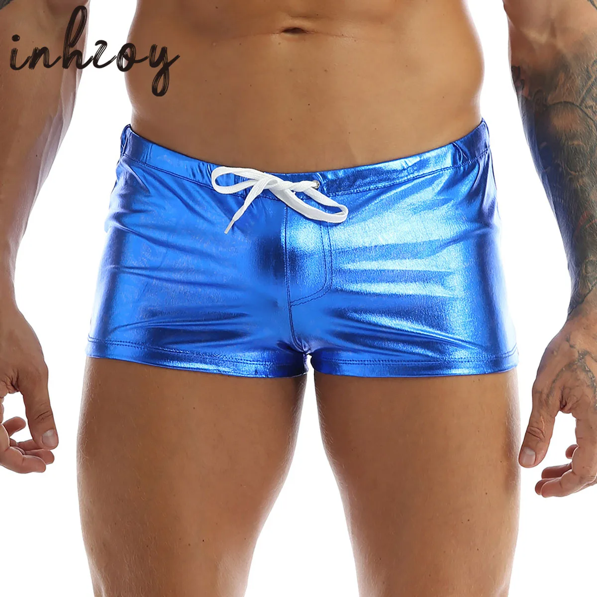 

Mens Wet Look Patent Leather Shorts Bulge Pouch Boxer Briefs Shorts Elastic Waistband Short Pants Clubwear Rave Party Outfit