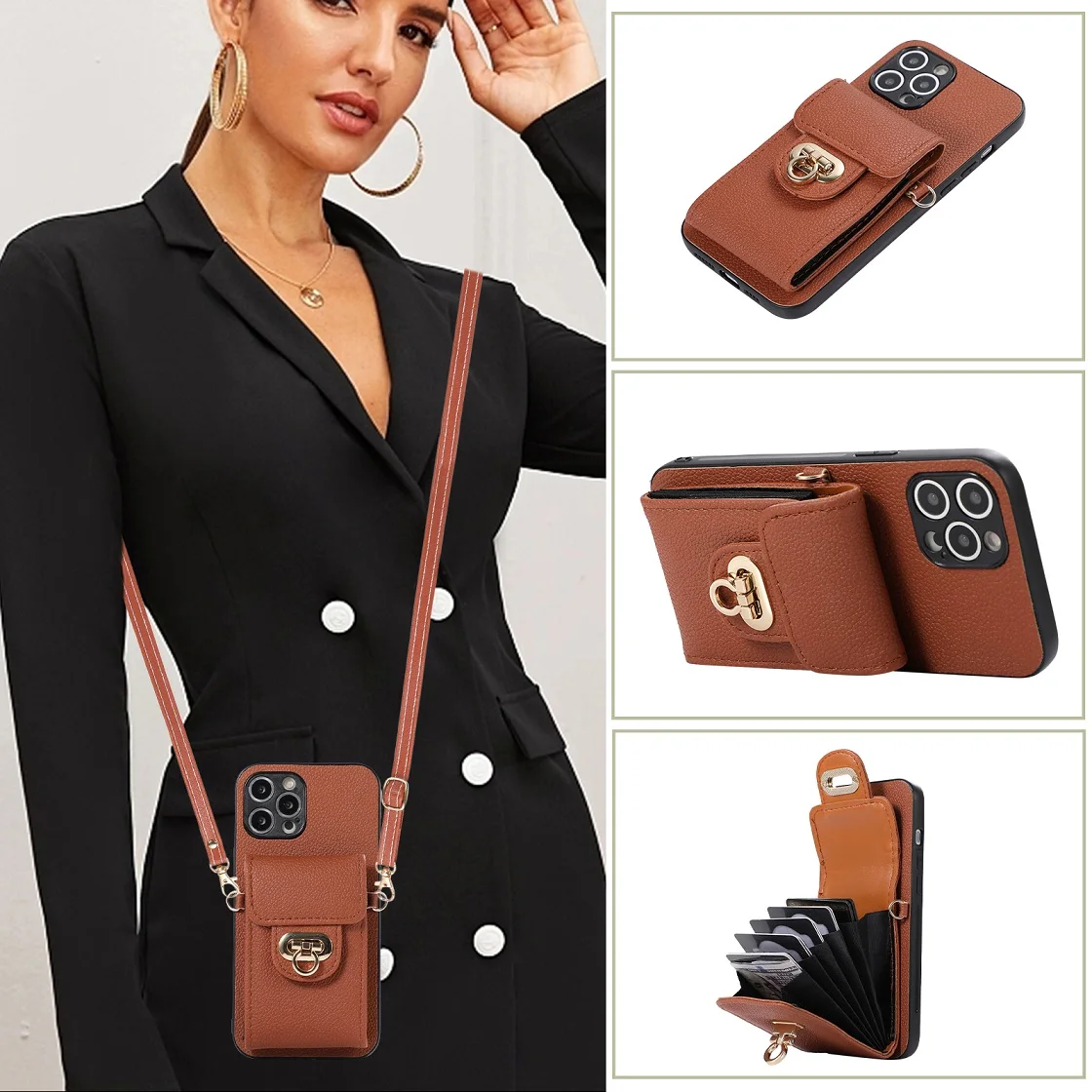 

Lanyard Leather Wallet Card Slot Case For iPhone 11 12 13 14 15 Pro Max X XR XS Max Mini 7 8PLus Crossbody Strap Phone Bag Cover