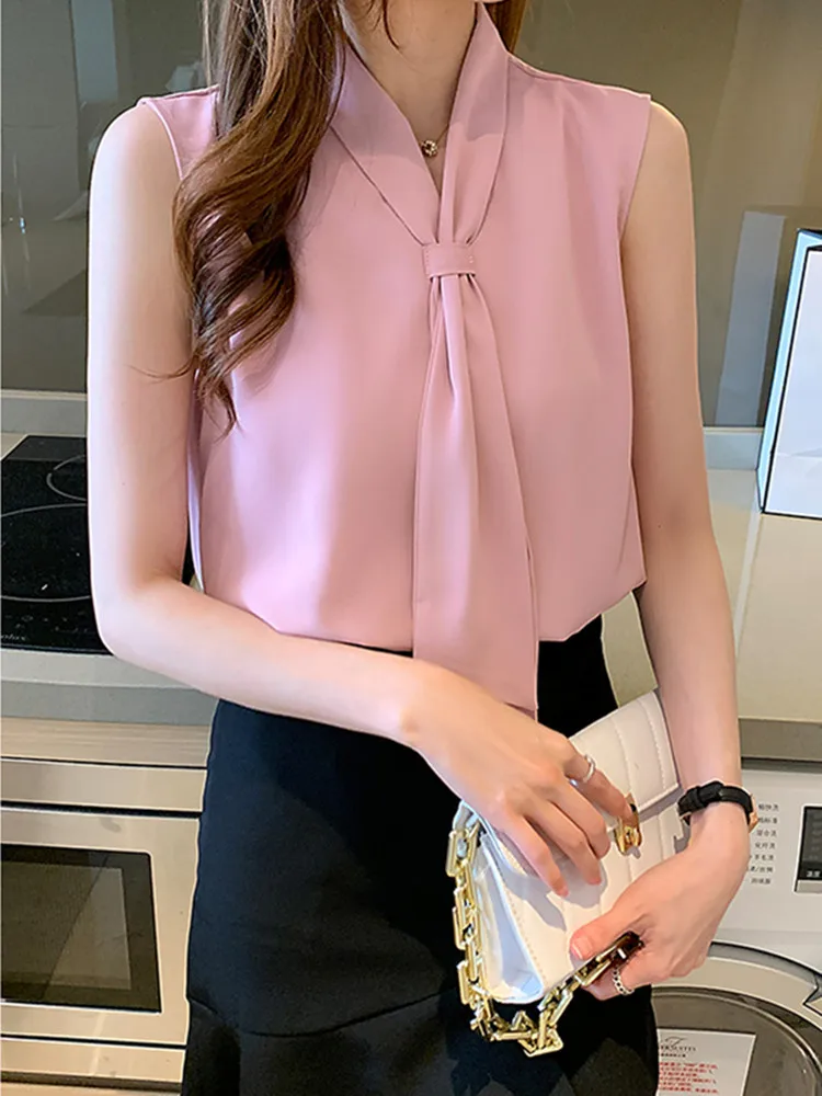 Camisa con lazo rosa para blusa sin mangas con cuello en V, básica, 2022 - AliExpress Ropa de mujer