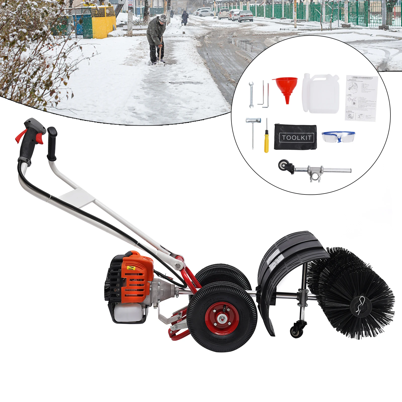 Power Snow Sweeper Brush Machine, 52cc Gasoline Walk-Behind Power