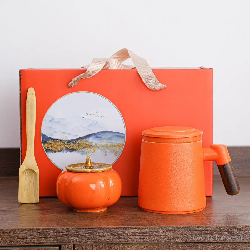 

Creative High-end Handle Mug with Lid Orange Tea Can Tea Water Separation Cup Ceramic Home Office Supplies, Northern Europe, 1Pc