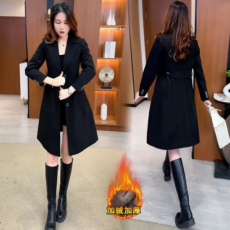 Windbreaker Jacket For Women In Autumn And Winter New With Added Velvet and Thick Thickness Long Over the Knee Suit Collar Coat