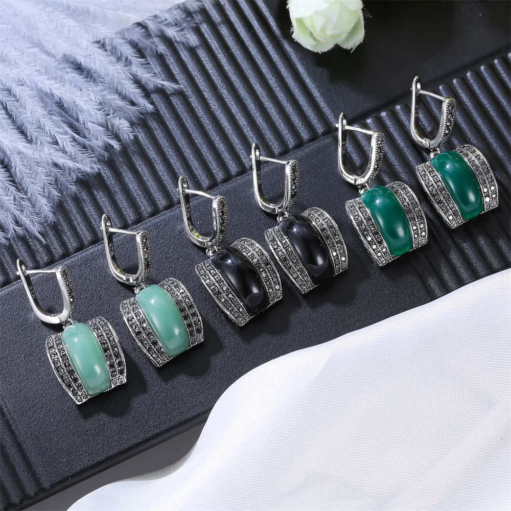 Geometric earrings drop earrings luxury red black green stone earrings for women antique silver color black rhinestone